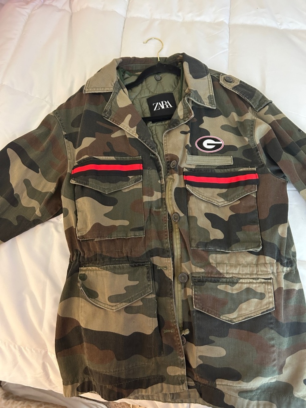 ZARA Camouflage Utility Jacket with Red Stripe Accents